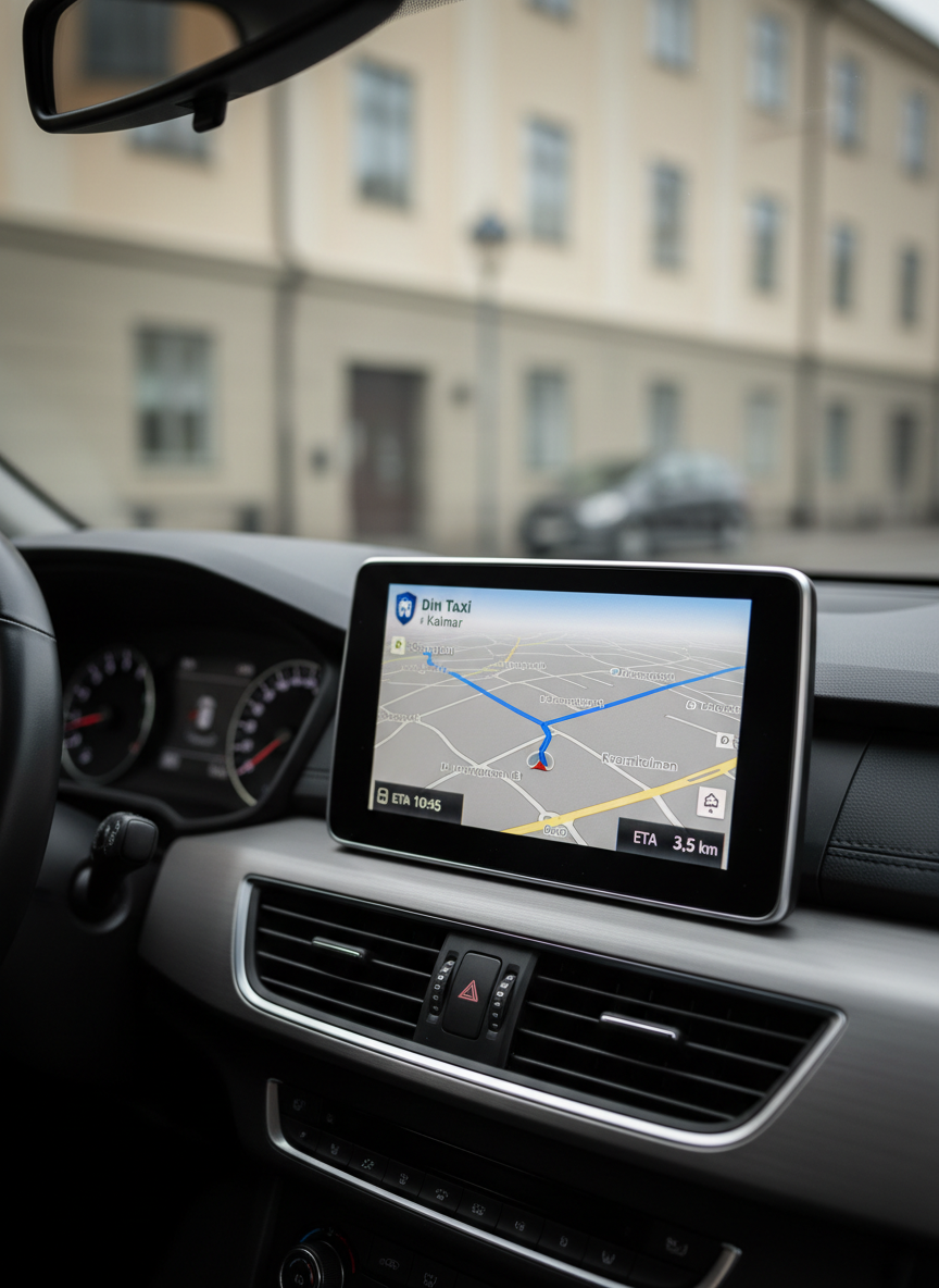 A GPS navigation screen mounted on the dashboard of a modern taxi used by “Din Taxi i Kalmar” displays a clear route through central Kalmar, with major streets and the coastline subtly visible on the map. The dashboard is finished in matte black with brushed metal accents, and the steering wheel edge is partially visible, giving context without showing a driver. Soft daylight streams through the windshield, illuminating dust-free surfaces and creating mild reflections on the screen. Outside the windshield, only a gentle blur of Scandinavian city architecture is visible, ensuring the focus remains on the technology. Captured from the passenger side with a shallow depth of field, the mood is efficient, safe, and tech-forward, rendered in clean photographic realism with no human presence.