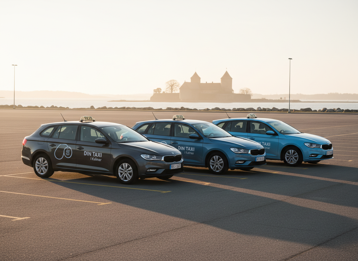 A fleet of three uniformly branded taxis for “Din Taxi i Kalmar” is lined up diagonally in a well-lit parking area near Kalmar’s waterfront, each car a different shade of grey and blue, all with matching roof signs and subtle side logos. In the distant background, a recognizable silhouette of Kalmar Castle and calm water is softly out of focus, adding local identity. The scene is captured during golden hour, with warm sunlight casting long, soft shadows and creating a gentle glow along the cars’ contours. Shot from a slightly elevated, wide-angle perspective, the composition emphasizes readiness and capacity without clutter. The atmosphere is trustworthy, established, and orderly, rendered in clean photographic realism with crisp details on the vehicles and no human figures anywhere in the image.