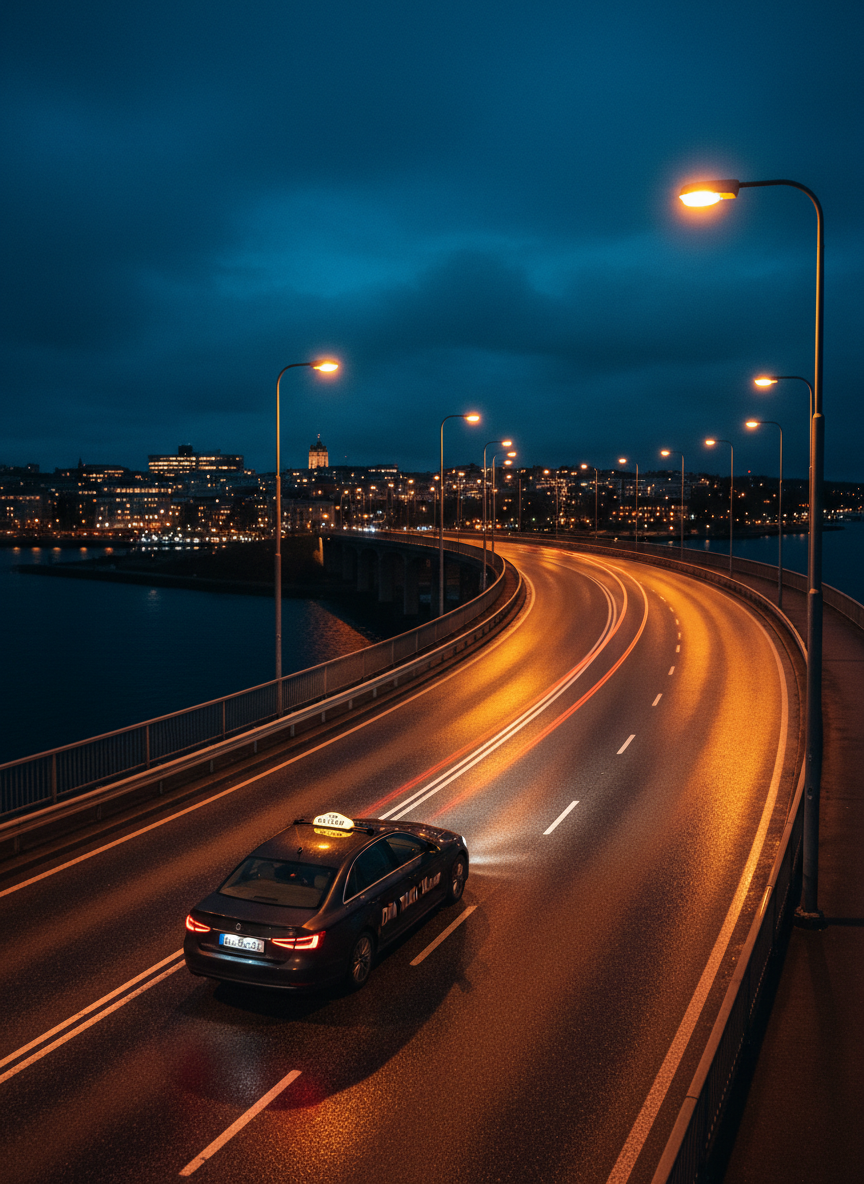 A nighttime scene of a single “Din Taxi i Kalmar” vehicle traveling along a well-lit bridge leading toward Kalmar’s city center. The taxi’s headlights and taillights create crisp, elongated reflections on the slightly wet road surface, while evenly spaced streetlights cast pools of warm light. In the distance, softly blurred city buildings and a faint outline of the waterfront add depth without detail. Shot from a high, three-quarter rear angle, the composition emphasizes motion and direction, with light trails subtly suggesting smooth, safe speed. The color palette is deep blues and warm ambers, creating a secure, professional, and slightly cinematic atmosphere in high-quality photographic realism, with no other cars or people clearly visible, emphasizing the lone, reliable taxi service.