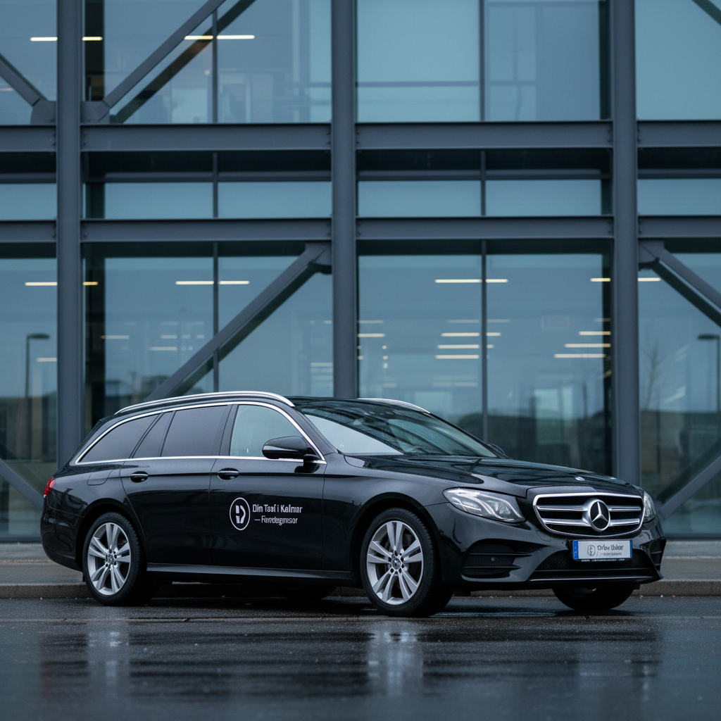 A polished black business-class taxi wagon, with discrete “Din Taxi i Kalmar – Företagsresor” branding on the side, waits outside a modern glass office building in Kalmar. The vehicle’s windows are tinted, and its chrome details catch the cool, overcast daylight, creating controlled reflections without harsh glare. The building’s facade, with steel beams and large glass panels, forms a clean geometric background in soft focus. Shot from a slightly low angle to emphasize stability and professionalism, the composition is balanced and uncluttered. Subtle reflections on the wet asphalt suggest recent rain, adding texture and depth. The overall atmosphere is serious, trustworthy, and corporate-friendly, conveyed through photographic realism with neutral, cool-toned colors and no people visible anywhere in the scene.