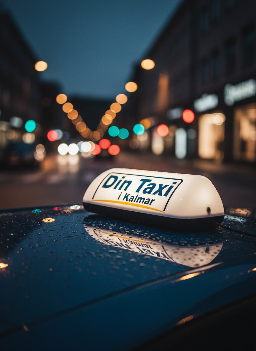 A close-up, detailed view of a taxi roof sign for “Din Taxi i Kalmar” mounted on a glossy dark car roof. The sign is modern, white with dark-blue lettering and a subtle yellow accent line, softly illuminated from within. Tiny beads of water from a light drizzle sit on the car’s surface and the sign’s plastic casing, catching reflections from nearby streetlights. The background shows an out-of-focus Kalmar street at night with warm, bokeh light spots from traffic signals and storefronts. The image is shot from a low, side angle, emphasizing the sign’s shape and texture. Dramatic but controlled night lighting creates a professional, dependable mood in a highly realistic photographic style, making the brand stand out without any people visible in the scene.