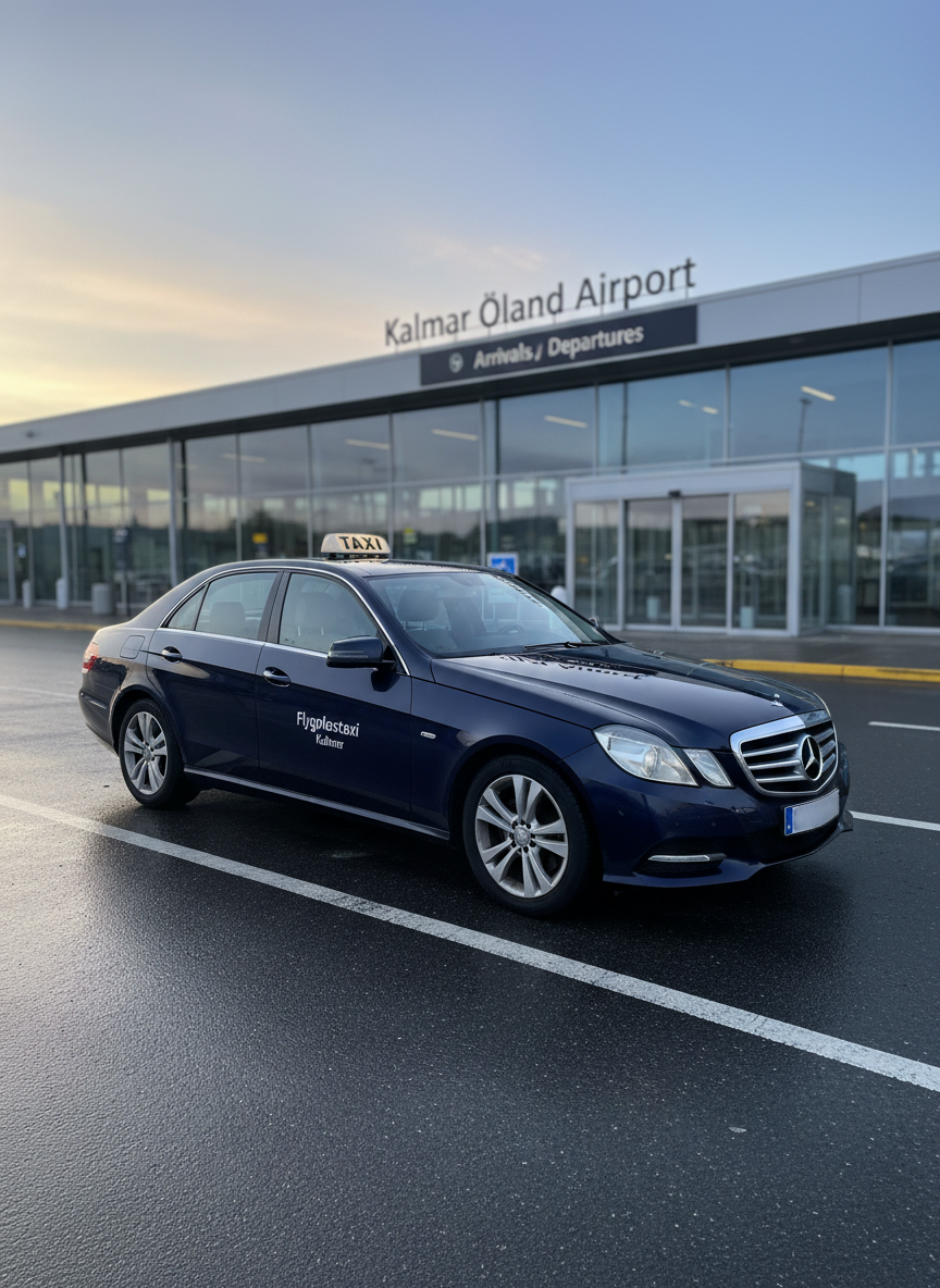 An elegant taxi sedan is positioned at the drop-off zone of Kalmar Öland Airport, clearly marked with an illuminated roof sign and a tidy “Flygplatstaxi Kalmar” decal. The airport’s glass entrance, automatic sliding doors, and overhead signage are visible in the background, softly blurred yet recognizable. It is early morning, with a gentle blue-orange gradient sky casting soft, diffused light across the scene, creating delicate highlights on the car’s bodywork. The composition uses a slightly elevated angle, showing both the organized lane markings and the taxi’s ready stance. Wet tarmac subtly reflects the vehicle and terminal lights for extra depth. The mood is dependable, calm, and efficient, emphasizing punctual airport transfers in a realistic, photographic style with no passengers, drivers, or people present.