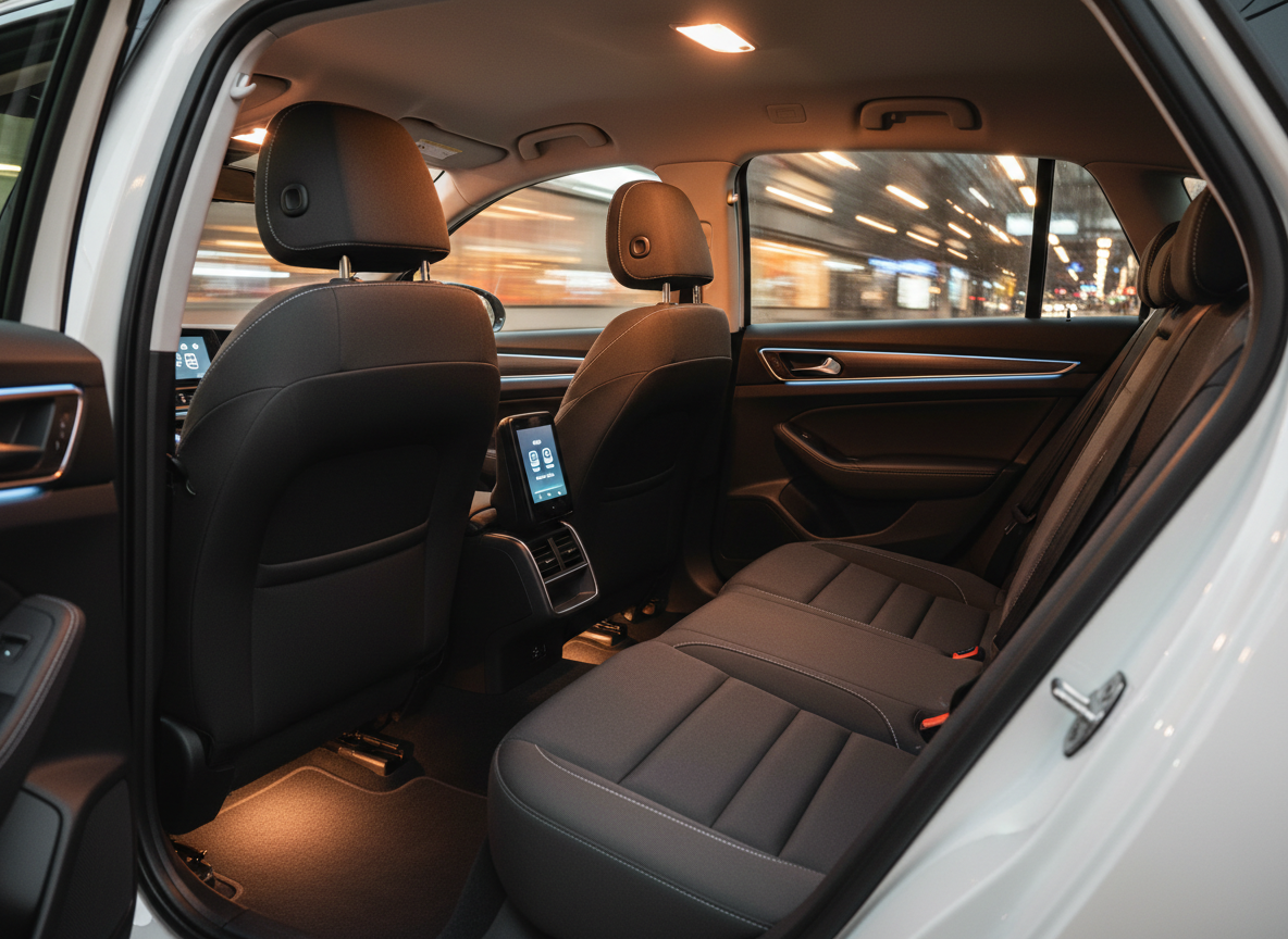 Inside a meticulously clean taxi interior, the focus is on the rear passenger area of a modern sedan used by “Din Taxi i Kalmar”. Dark grey, finely textured fabric seats with precise stitching are complemented by a matte-black center console and soft ambient lighting from the ceiling. A small, built-in digital payment terminal glows faintly on the back of the front seat, displaying clear icons. Outside the windows, a blurred hint of Kalmar’s city lights suggests movement, yet the cabin remains serene and quiet. Captured from the open rear door at an eye-level angle, the composition highlights legroom, tidiness, and comfort. The lighting is warm and evenly diffused, creating an inviting yet professional atmosphere in high-resolution photographic realism, with absolutely no people or personal belongings visible.